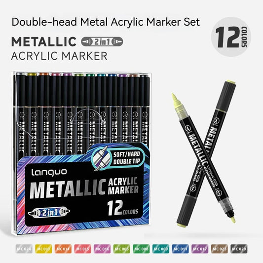 Languo Dual Tip Metallic Acrylic Marker Pen Set Student Rock Scale Model Painting DIY Graffiti Hand Drawn Paint Pens Stationery